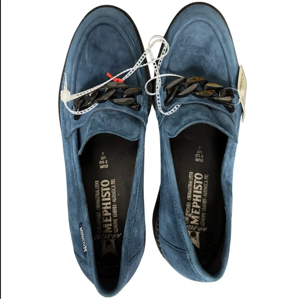 Memphisto Peacock Blue Velvet Leather SALKA Slip-On Loafers with Lug Sole